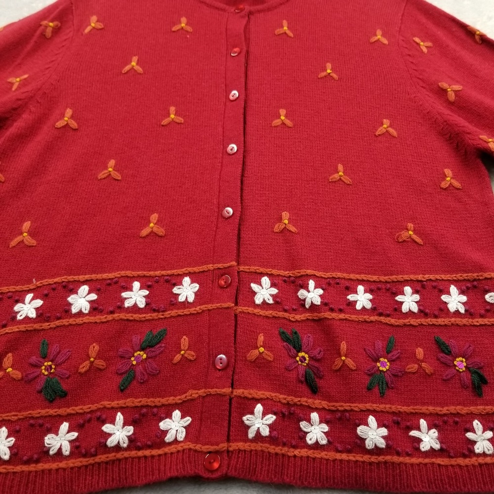 Vintage‎ Cardigan Women 3X Red Floral Embroidered Sweater Cottage Granny Holiday